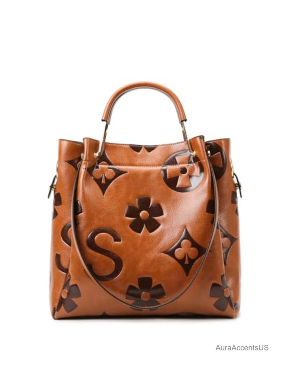 Floral Embossed Vegan Leather Top Handle Handbag Set Large Bucket Tote